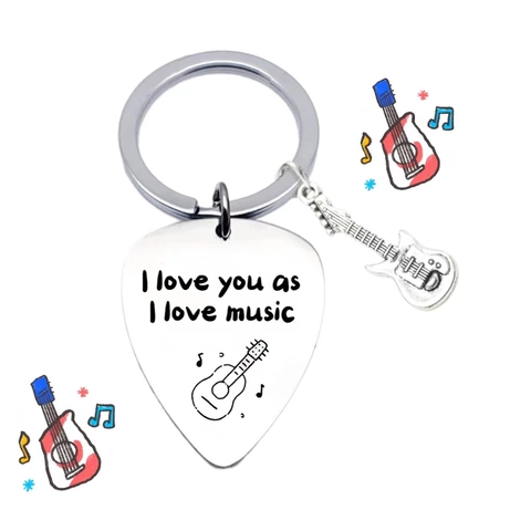 Portachiavi con Plettro per Chitarra in Acciaio Inossidabile con Ciondolo a Forma di Nota Chitarra Incisione Citazione Musicale Gioiello Regalo San Valentino