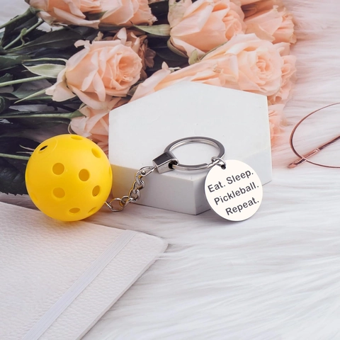 Pickleball Keychain Stainless Steel Sport Gift For Men Women Eat Sleep Pickleball Repeat Engraved Round Tag Yellow Ball Key Ring