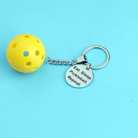 Pickleball Keychain Stainless Steel Sport Gift For Men Women Eat Sleep Pickleball Repeat Engraved Round Tag Yellow Ball Key Ring