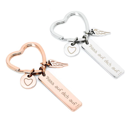 Llavero de Acero Inoxidable con el Ángel de la Guarda Alemán Pass Auf Dich Auf Colgante de Ala de Corazón Regalo de San Valentín
