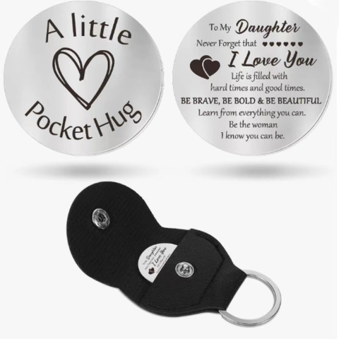 Stainless Steel Pocket Hug Token Heart Lucky Decision Coin With PU Leather Keychain Case Pouch For Family Daughter Son Gift