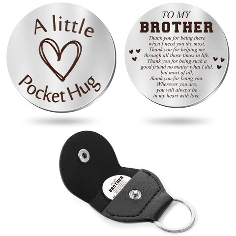 Stainless Steel Pocket Hug Token Heart Lucky Decision Coin With PU Leather Keychain Case Pouch For Family Daughter Son Gift