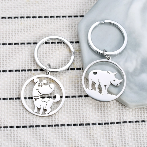 Edelstahl Tier Ausschnitt Schlüsselanhänger Süße Nashorn Hund Hohl Rund Anhänger Auto Zubehör Schmuck Geschenk Für Freunde