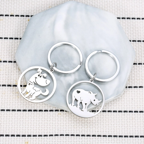 Edelstahl Tier Ausschnitt Schlüsselanhänger Süße Nashorn Hund Hohl Rund Anhänger Auto Zubehör Schmuck Geschenk Für Freunde