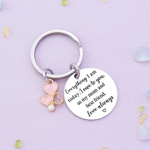 Portachiavi in Acciaio Inossidabile con Targhetta Rotonda Incisa Pendente Cuore Rosa Perla Artificiale Regalo Festa della Mamma Donna