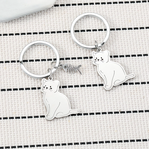Schattige Cartoon Kat Visgraat Roestvrij Stalen Sleutelhanger Gepolijst Metaal Diervorm Tas Hanger Voor Vrouwen Unisex Cadeau