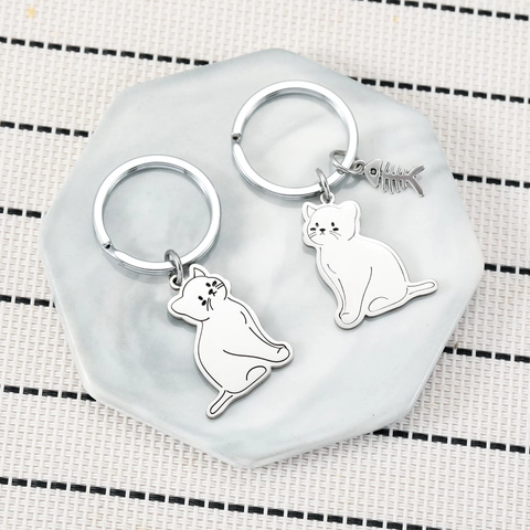 Schattige Cartoon Kat Visgraat Roestvrij Stalen Sleutelhanger Gepolijst Metaal Diervorm Tas Hanger Voor Vrouwen Unisex Cadeau