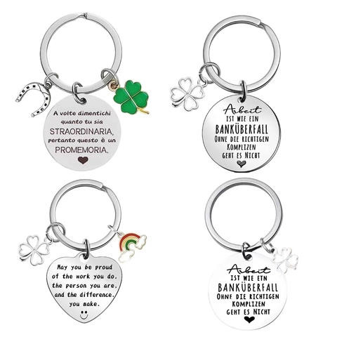 Stainless Steel Keychain Inspirational German Italian Quotes Clover Rainbow Horseshoe Heart Pendant Gift For Colleagues