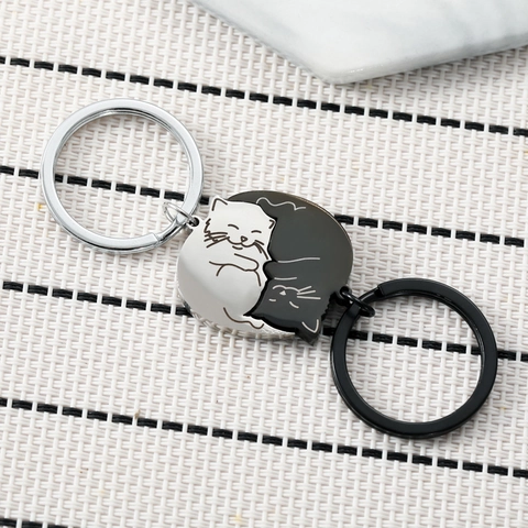 Schattige Magnetische Katten Sleutelhanger Voor Koppels Roestvrij Staal Zwart Witte Kat Hanger Sleutelring Cadeau Sieraden