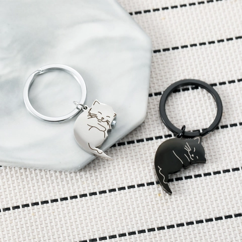 Schattige Magnetische Katten Sleutelhanger Voor Koppels Roestvrij Staal Zwart Witte Kat Hanger Sleutelring Cadeau Sieraden