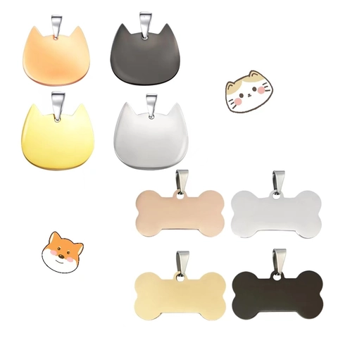 Placa de Identidad para Mascotas de Acero Inoxidable Forma Hueso Cabeza Gato Colgante Anti-pérdida para Perros Gatos Pulido Espejo Oro Plata Negro Oro Rosa