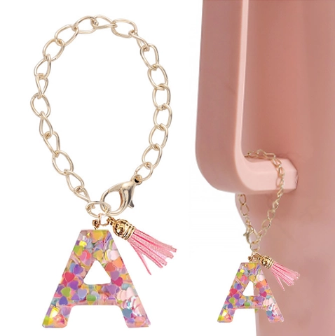 Initial Resin Alphabet Keychain With Pink Tassel Colorful Heart Sequins Inlay Gold Metal Clip Cute Pendant Bag Charm For Women Girls Accessory