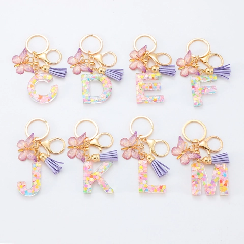 Fashion Purple Resin Initial Letter Keychain With Heart Sequins Tassel Butterfly Pendant Gold Key Ring For Women Bag Charms Gift