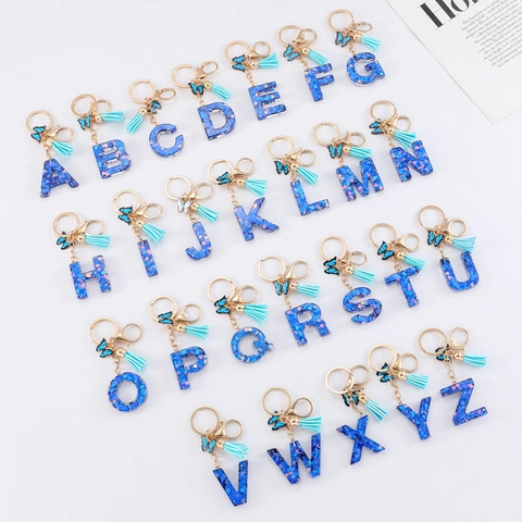 Blue Resin Alphabet Letter Keychain With Heart Sequins Butterfly Pendant And Tassel For Women Backpack Handbag Decoration
