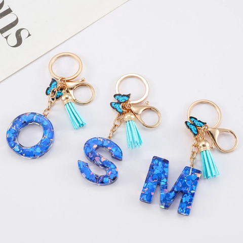 Blue Resin Alphabet Letter Keychain With Heart Sequins Butterfly Pendant And Tassel For Women Backpack Handbag Decoration