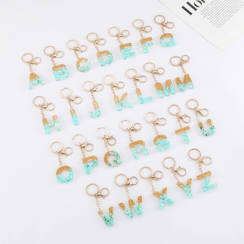 Mode Hars Letter Sleutelhanger Goudfolie Groene Steen Initiaal Alfabet Hanger Sleutelhanger Voor Tas Vrouwen Mannen Handgemaakte Sieraden Cadeau