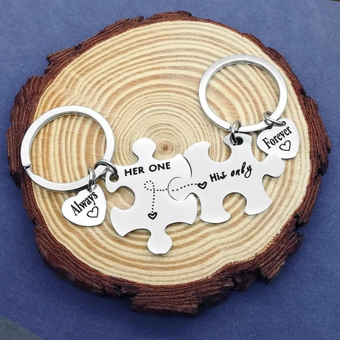 Edelstahl Puzzle Schlüsselanhänger HER ONE His Only Gravur Herz Anhänger Schlüsselring Valentin Hochzeit Geschenk Für Paare