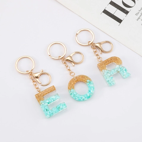 Mode Hars Letter Sleutelhanger Goudfolie Groene Steen Initiaal Alfabet Hanger Sleutelhanger Voor Tas Vrouwen Mannen Handgemaakte Sieraden Cadeau