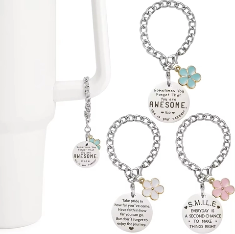 Stainless Steel Cup Handle Charm Flower Enamel Inspirational Lettering Metal Chain Bag Hanging Decoration Women Accessories