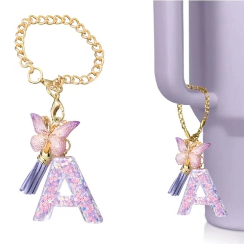 Portachiavi Con Lettera Iniziale In Resina Glitter Viola Con Ciondolo A Farfalla Oro E Nappina Pendente Decorativo Per Borsa Da Donna