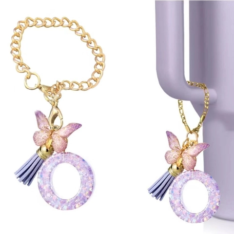 Portachiavi Con Lettera Iniziale In Resina Glitter Viola Con Ciondolo A Farfalla Oro E Nappina Pendente Decorativo Per Borsa Da Donna