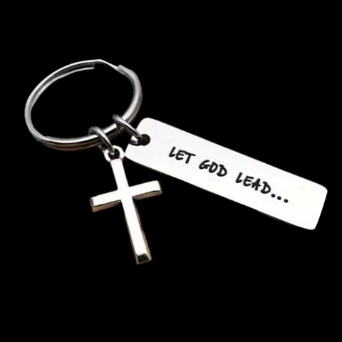 Stainless Steel Cross Keychain Let God Lead Engraved Tag Metal Key Ring Religious Christian Gift For Men Women
