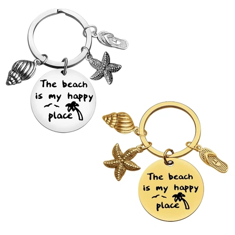 Llavero Temático de Playa de Acero Inoxidable Colgante de Concha Estrella de Mar Chancleta Grabado Happy Place Llavero de Metal