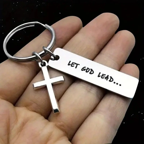 Stainless Steel Cross Keychain Let God Lead Engraved Tag Metal Key Ring Religious Christian Gift For Men Women