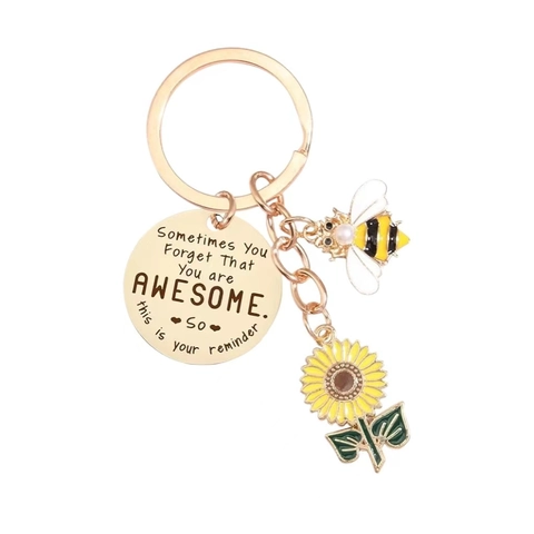 Porte-clés en Acier Inoxydable Tournesol et Abeille pour Femmes Pendentif Citation Inspirante Or Rose Émail Cadeau