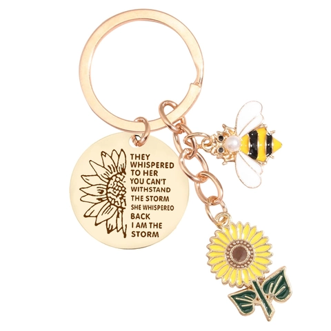 Porte-clés en Acier Inoxydable Tournesol et Abeille pour Femmes Pendentif Citation Inspirante Or Rose Émail Cadeau