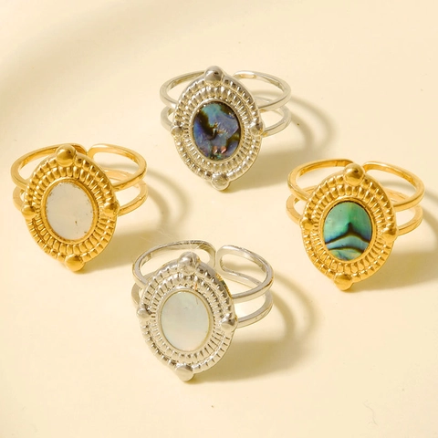 Anillo Ovalado de Acero Inoxidable 304 Vintage para Mujer Chapado en Oro 18K Concha Natural Bohemio Abulón Anillo Abierto Ajustable