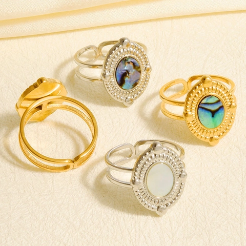 Anillo Ovalado de Acero Inoxidable 304 Vintage para Mujer Chapado en Oro 18K Concha Natural Bohemio Abulón Anillo Abierto Ajustable