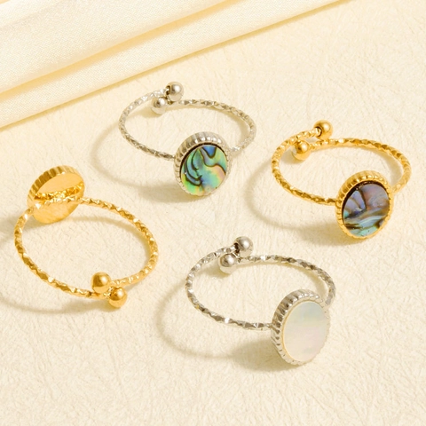 Vintage 304 Stainless Steel Open Ring For Women 18K Gold Plated Natural Shell Abalone Mother Of Artificial Pearl Adjustable Finger Ring
