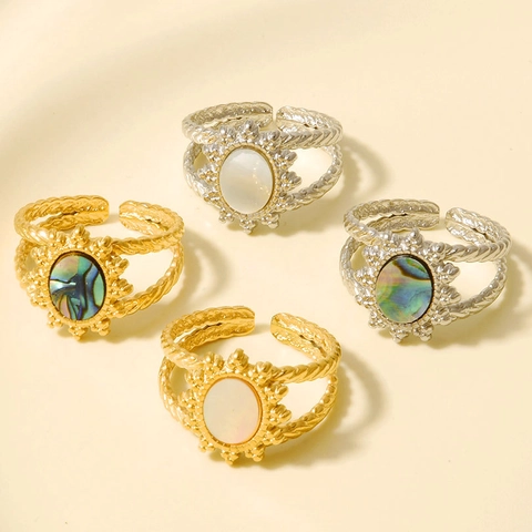 Vintage 304 Roestvrij Staal Zon Open Ring Dames 18K Goud Verguld Natuurlijke Abalone Schelp Kunstparelmoer Verstelbare Ring