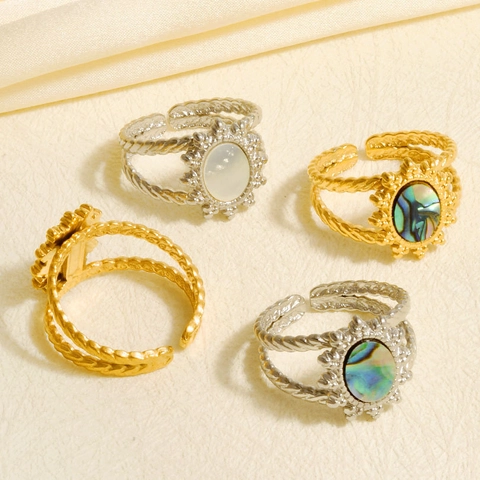 Vintage 304 Roestvrij Staal Zon Open Ring Dames 18K Goud Verguld Natuurlijke Abalone Schelp Kunstparelmoer Verstelbare Ring