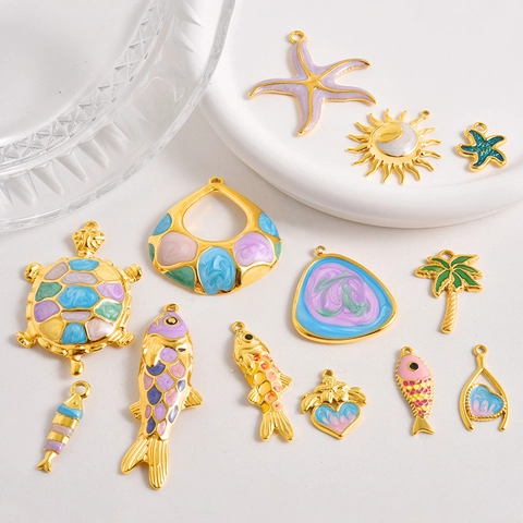DIY 304 Stainless Steel Enamel Ocean Animal Charms 18K Gold Plated Fish Starfish Palm Tree Heart Pendants For Jewelry Making