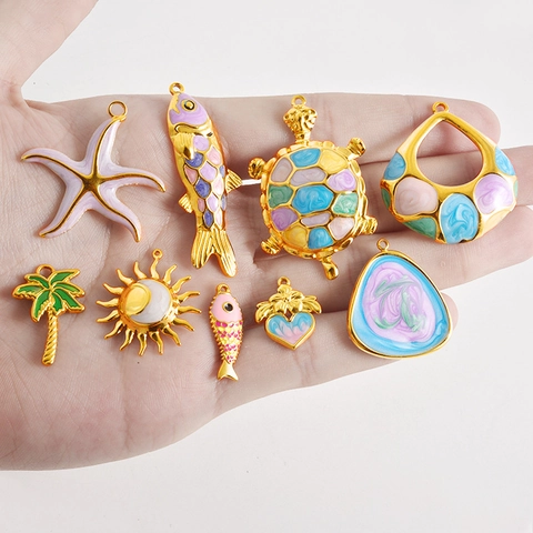 DIY 304 Stainless Steel Enamel Ocean Animal Charms 18K Gold Plated Fish Starfish Palm Tree Heart Pendants For Jewelry Making