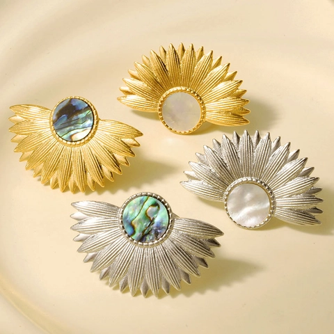 Vintage Edelstahl Ring Fächerförmiges Design Natürliche Muscheleinlage 18k Vergoldet Verstellbarer Offener Ring Damen