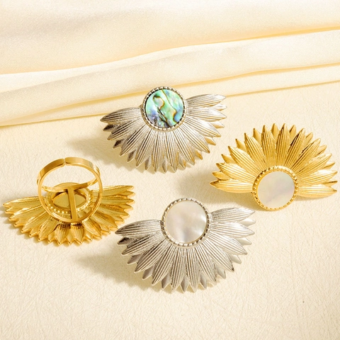 Vintage Edelstahl Ring Fächerförmiges Design Natürliche Muscheleinlage 18k Vergoldet Verstellbarer Offener Ring Damen
