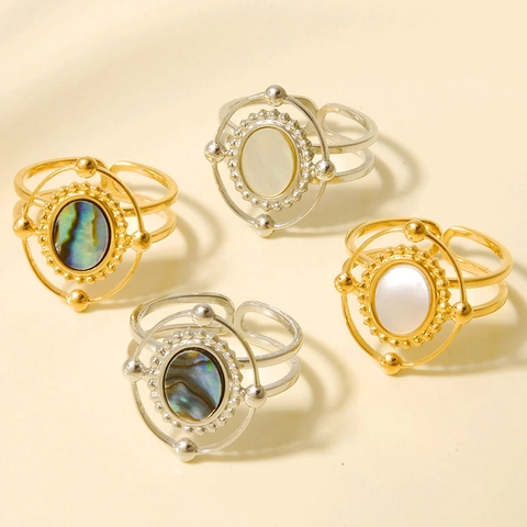 Vintage 304 Stainless Steel Open Ring For Women Adjustable Natural Mother Of Artificial Pearl Abalone Shell 18K Gold Plated Jewelry