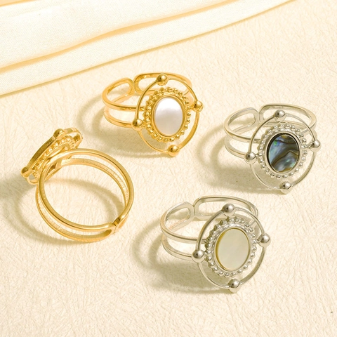 Vintage 304 Stainless Steel Open Ring For Women Adjustable Natural Mother Of Artificial Pearl Abalone Shell 18K Gold Plated Jewelry