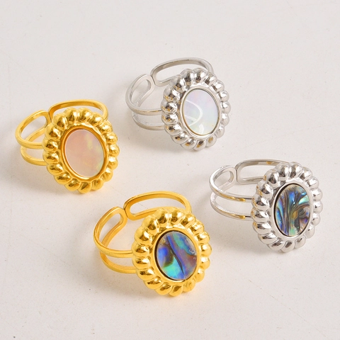 Vintage 304 Roestvrij Stalen Ronde Open Ring 18K Verguld Natuurlijke Abalone Schelp Kunstparelmoer Verstelbaar