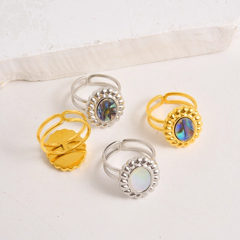 Vintage 304 Roestvrij Stalen Ronde Open Ring 18K Verguld Natuurlijke Abalone Schelp Kunstparelmoer Verstelbaar