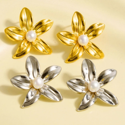 Orecchini a Bottone a Fiore in Acciaio Inossidabile 304 Perla Naturale Eleganti Minimalisti Oro Argento Gioielli da Donna