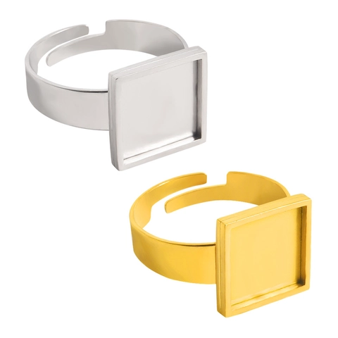 304 Stainless Steel Square Base Adjustable Open Ring 18K Gold Silver Plated DIY Jewelry Making Handmade Ring Findings Accessory