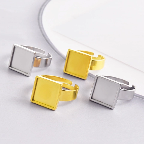304 Stainless Steel Square Base Adjustable Open Ring 18K Gold Silver Plated DIY Jewelry Making Handmade Ring Findings Accessory
