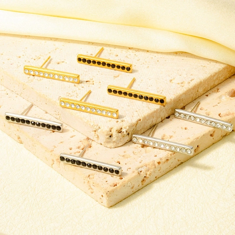 Minimalisti Orecchini a Bottone a Barra in Acciaio Inossidabile 304 Strass Geometrici Intarsiati Eleganti Gioielli da Donna