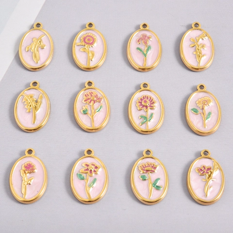 Stainless Steel Pink Enamel Oval Birth Flower Pendant Relief Botanical Floral Charms For DIY Necklace Making Jewelry