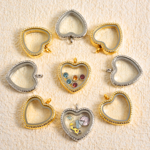 304 Stainless Steel Heart Floating Locket Pendant With Rhinestone Glass Openable Memory Photo Frame Locket DIY Jewelry