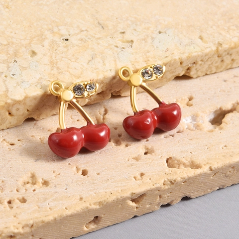 304 Edelstahl Kirsche Anhänger Rot Emaille Strass 18K Vergoldet DIY Schmuck Charms Für Halskette Armband Herstellung Zubehör
